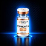 BioMod Tesamorelin 10 mg vial on a dark blue background