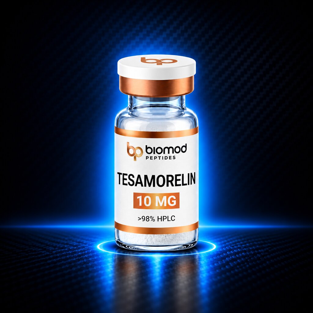 BioMod Tesamorelin 10 mg vial on a dark blue background