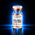 BioMod CJC-1295 Ipamorelin 10 mg vial on blue carbon-fiber background
