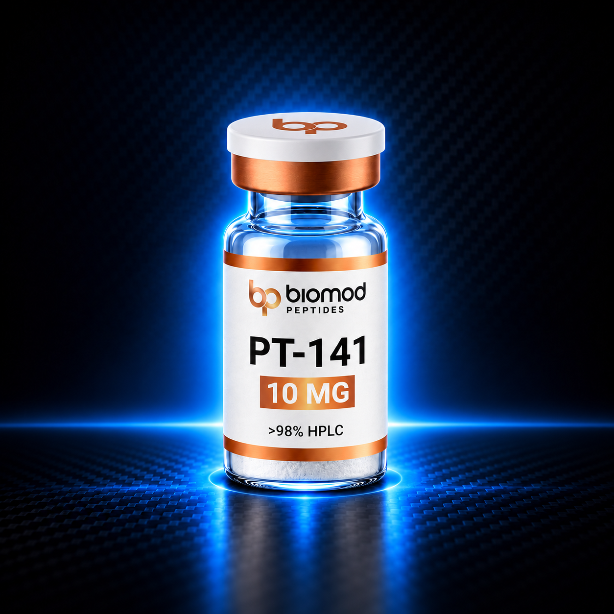 BioMod PT-141 10 mg vial on blue carbon-fiber background